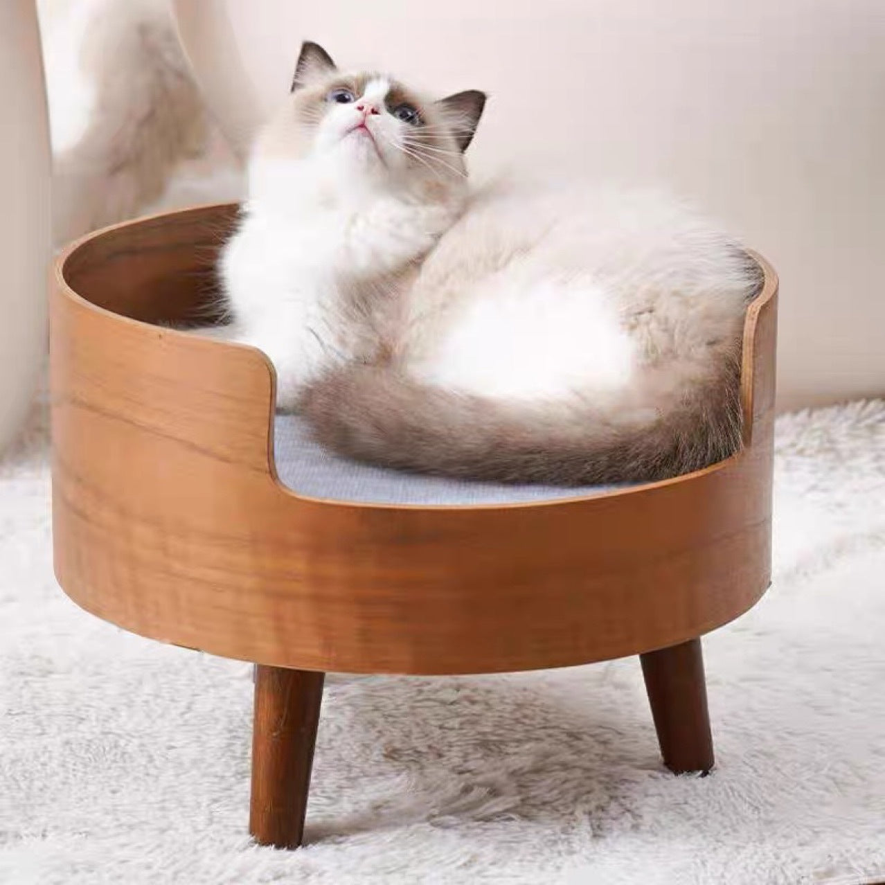 Traditional Vintage Round Veneered Multi-layer Solid Wood Panel Linen Sisal Cat Bed For Bedroom Cuvalon