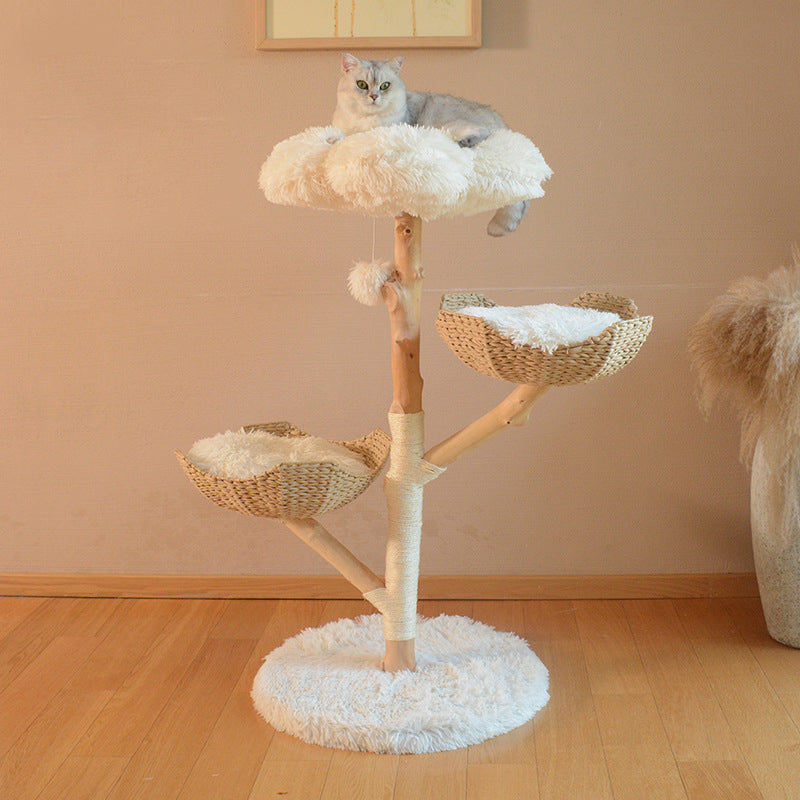 Contemporary Scandinavian Round Cloud-Shaped Natural Fruitwood Medium-Density Fiberboard Sisal Velvet Fabric Cat Tree For Living Room Cuvalon