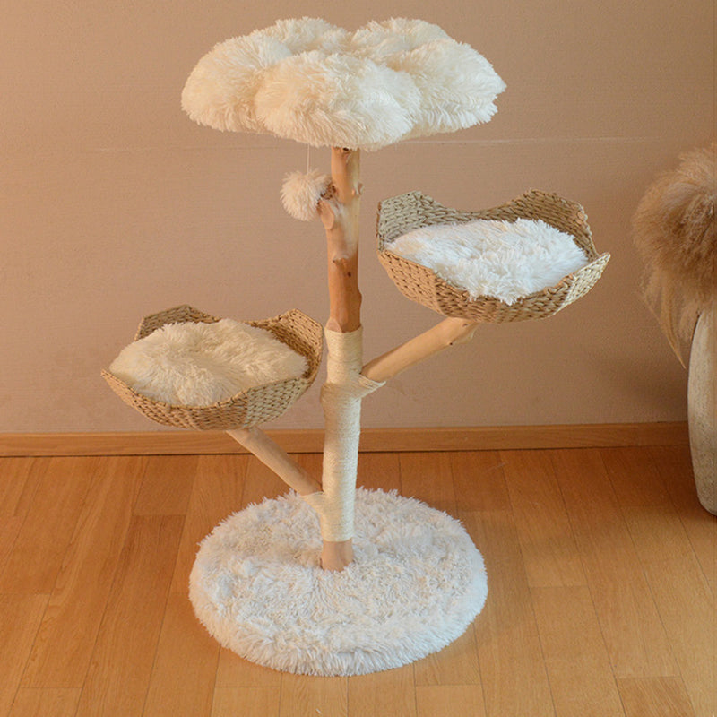 Contemporary Scandinavian Round Cloud-Shaped Natural Fruitwood Medium-Density Fiberboard Sisal Velvet Fabric Cat Tree For Living Room Cuvalon