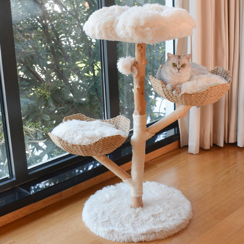 Contemporary Scandinavian Round Cloud-Shaped Natural Fruitwood Medium-Density Fiberboard Sisal Velvet Fabric Cat Tree For Living Room Cuvalon
