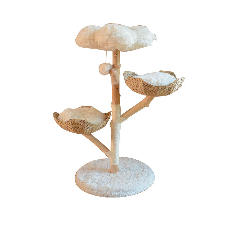 Contemporary Scandinavian Round Cloud-Shaped Natural Fruitwood Medium-Density Fiberboard Sisal Velvet Fabric Cat Tree For Living Room Cuvalon
