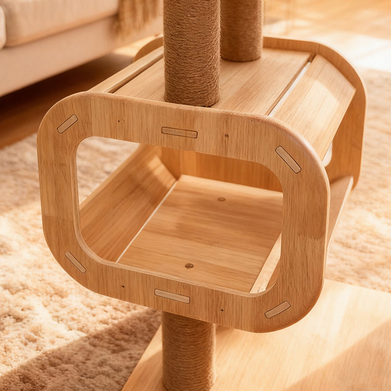 Contemporary Scandinavian Square Multi-Layer Solid Wood Panel Acrylic Fabric Multi-Functional Cat Tree For Living Room Cuvalon