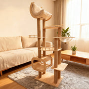 Contemporary Scandinavian Square Multi-Layer Solid Wood Panel Acrylic Fabric Multi-Functional Cat Tree For Living Room Cuvalon