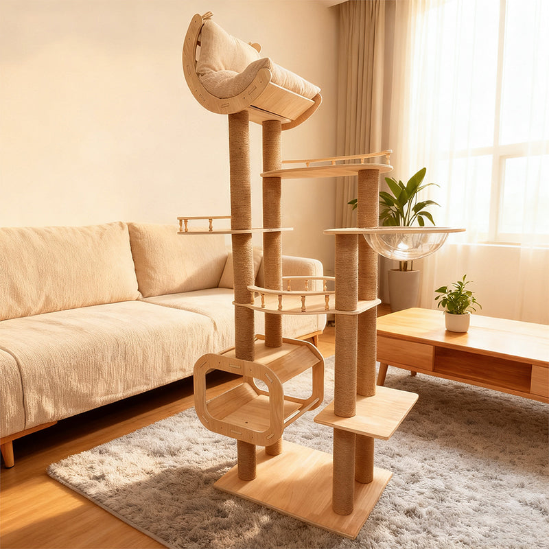 Contemporary Scandinavian Square Multi-Layer Solid Wood Panel Acrylic Fabric Multi-Functional Cat Tree For Living Room Cuvalon