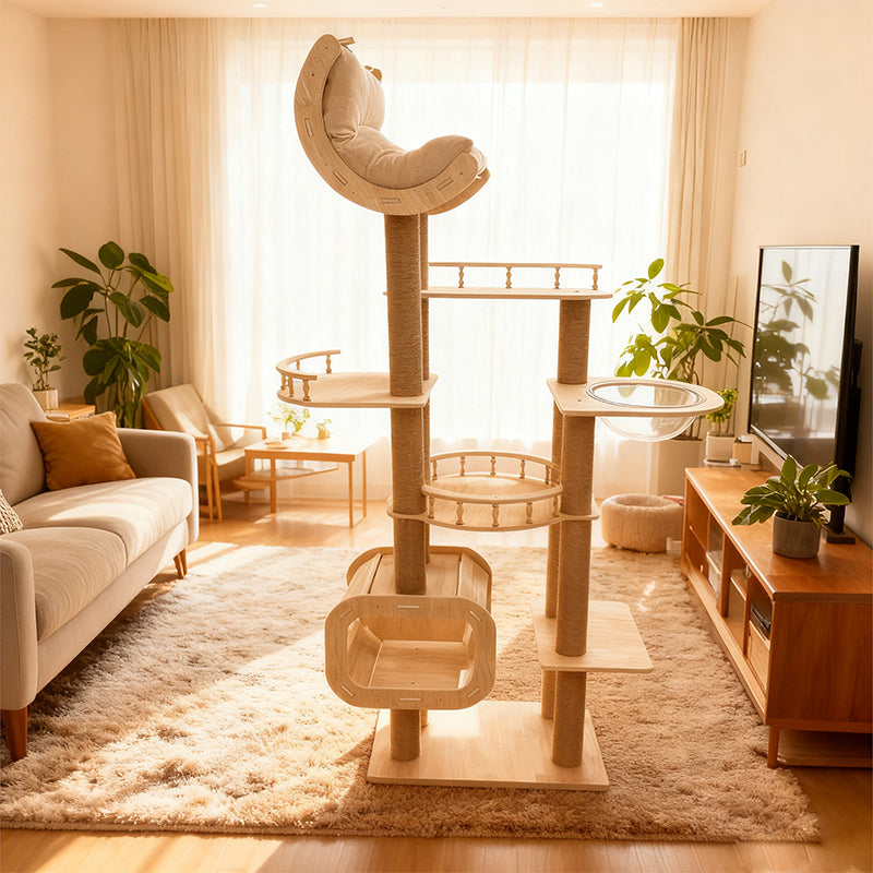 Contemporary Scandinavian Square Multi-Layer Solid Wood Panel Acrylic Fabric Multi-Functional Cat Tree For Living Room Cuvalon