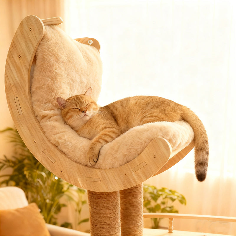Contemporary Scandinavian Square Multi-Layer Solid Wood Panel Acrylic Fabric Multi-Functional Cat Tree For Living Room Cuvalon