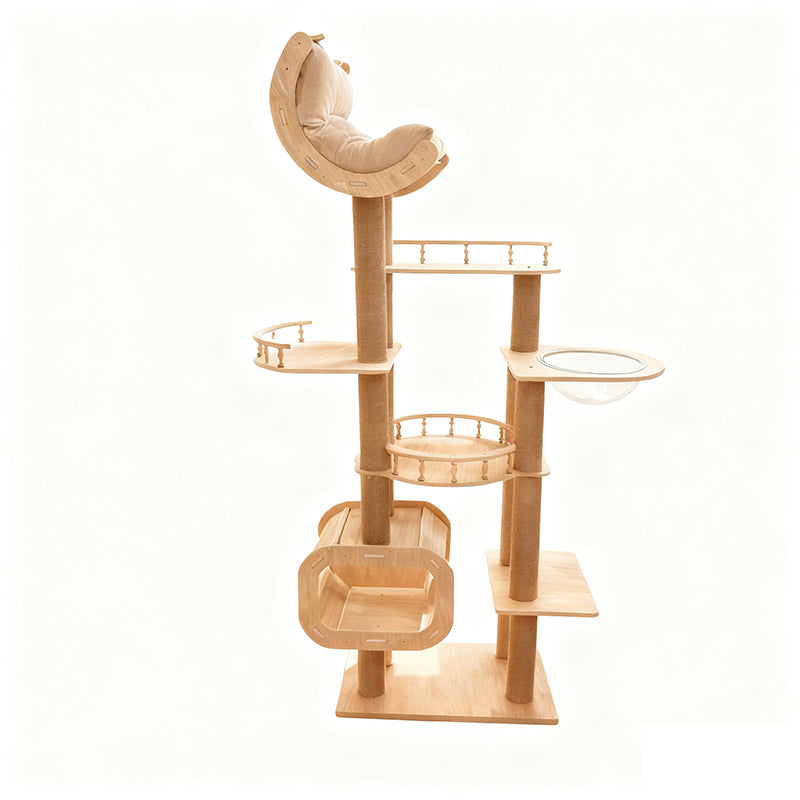 Contemporary Scandinavian Square Multi-Layer Solid Wood Panel Acrylic Fabric Multi-Functional Cat Tree For Living Room Cuvalon