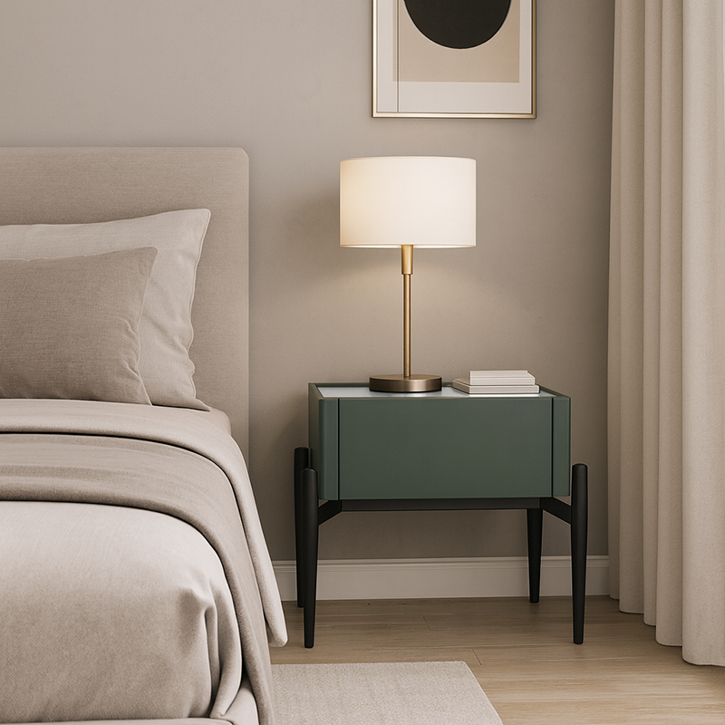 Modern Luxury Dark Green 1-Drawer Nightstand: Stiletto Legs High-End Accent Bedside Table For Bedroom Cuvalon