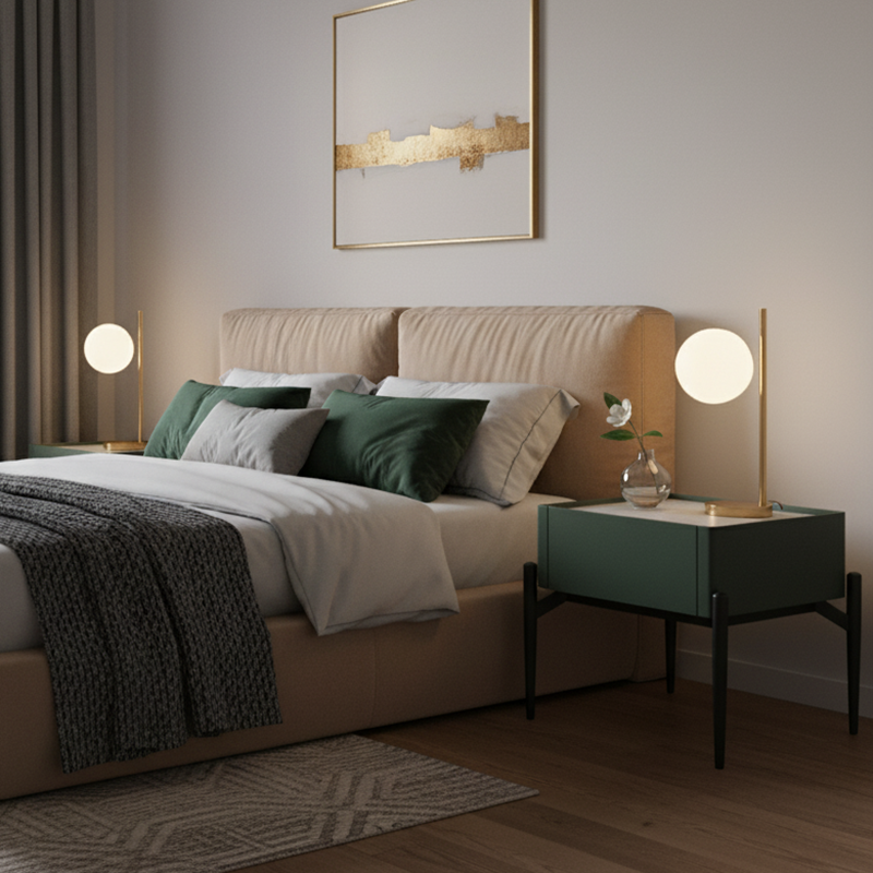 Modern Luxury Dark Green 1-Drawer Nightstand: Stiletto Legs High-End Accent Bedside Table For Bedroom Cuvalon