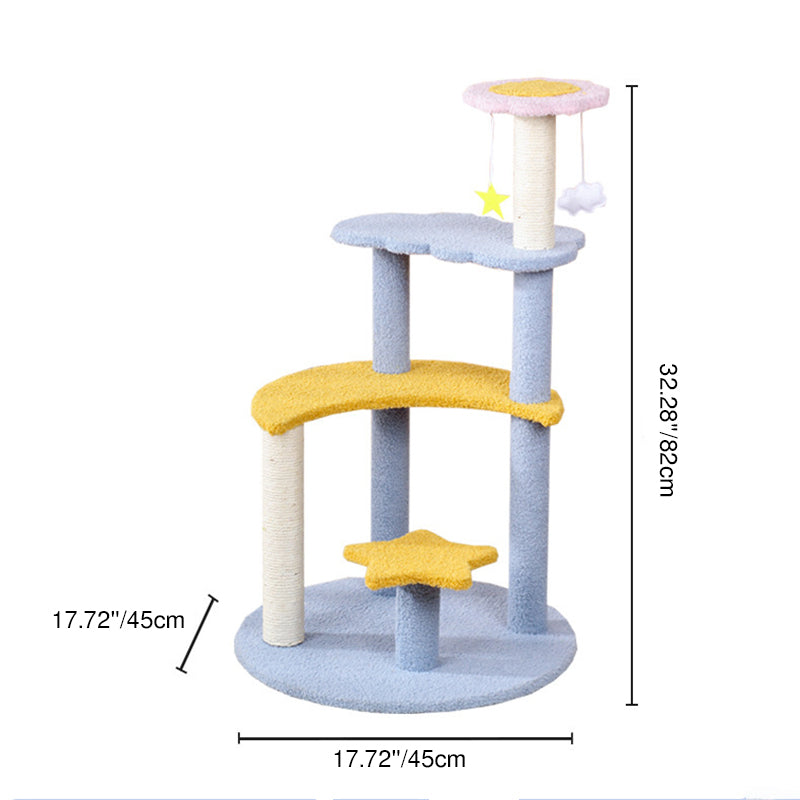 Contemporary Creative Round Medium-Density Fiberboard Sisal Velvet Fabric Star & Moon Cat Tree 4-Tier For Living Room Cuvalon