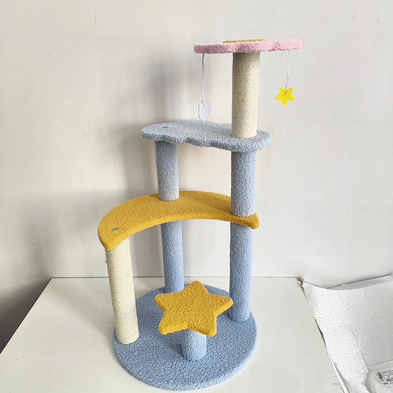Contemporary Creative Round Medium-Density Fiberboard Sisal Velvet Fabric Star & Moon Cat Tree 4-Tier For Living Room Cuvalon