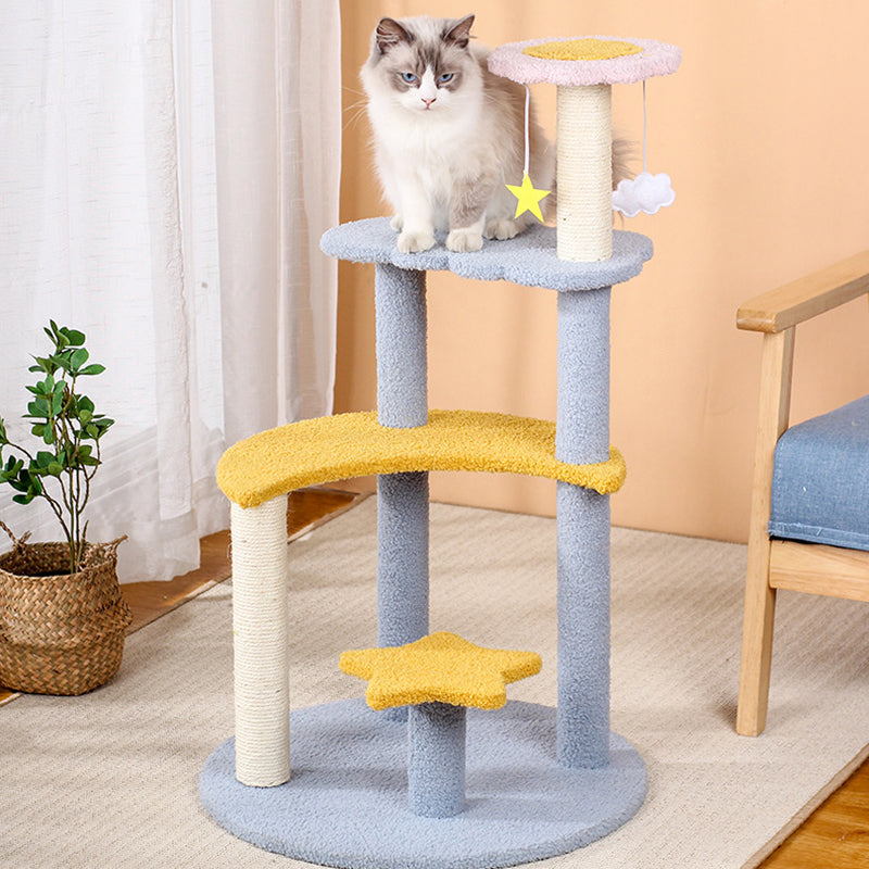 Contemporary Creative Round Medium-Density Fiberboard Sisal Velvet Fabric Star & Moon Cat Tree 4-Tier For Living Room Cuvalon