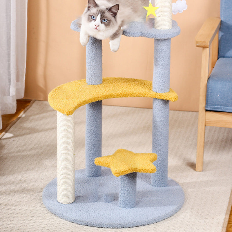 Contemporary Creative Round Medium-Density Fiberboard Sisal Velvet Fabric Star & Moon Cat Tree 4-Tier For Living Room Cuvalon