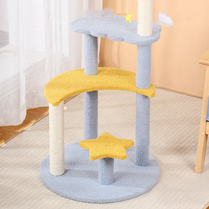 Contemporary Creative Round Medium-Density Fiberboard Sisal Velvet Fabric Star & Moon Cat Tree 4-Tier For Living Room Cuvalon