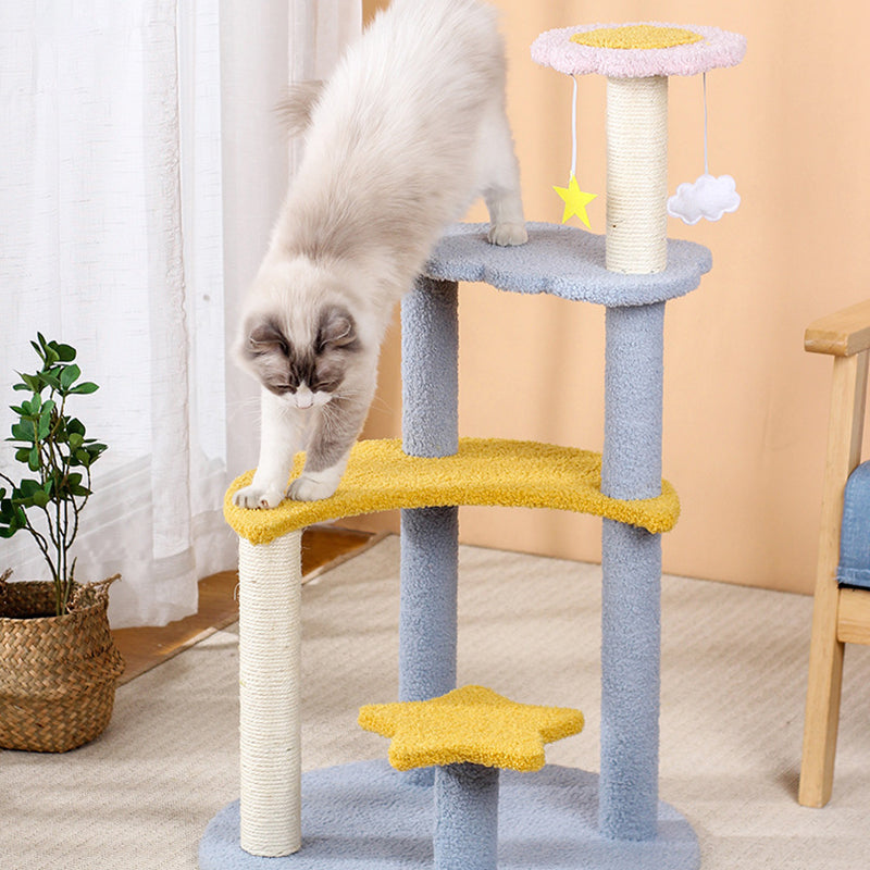 Contemporary Creative Round Medium-Density Fiberboard Sisal Velvet Fabric Star & Moon Cat Tree 4-Tier For Living Room Cuvalon