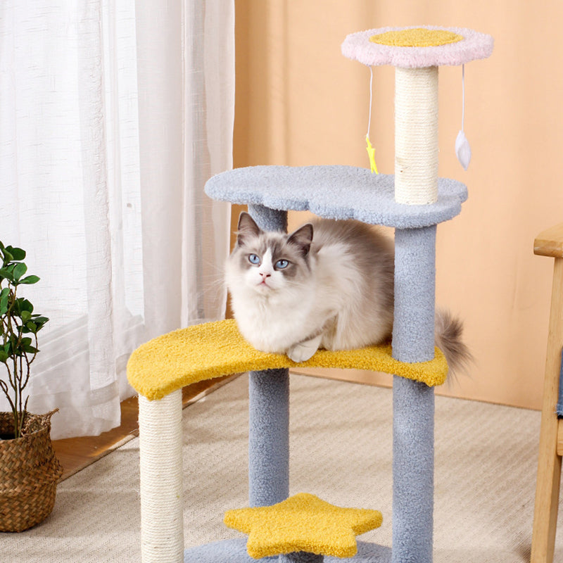 Contemporary Creative Round Medium-Density Fiberboard Sisal Velvet Fabric Star & Moon Cat Tree 4-Tier For Living Room Cuvalon