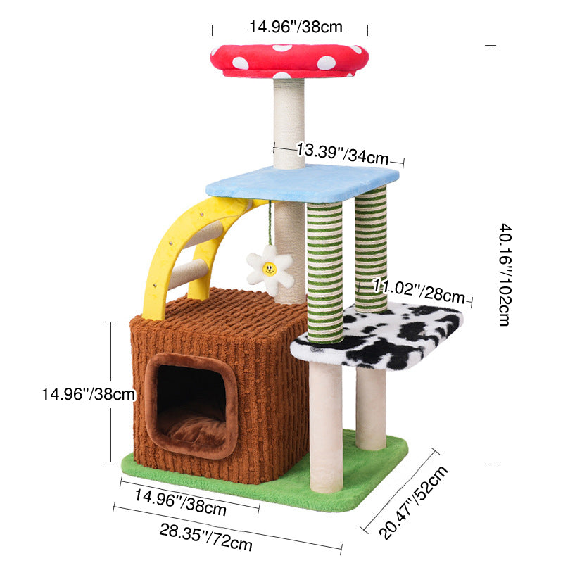 Contemporary Creative Round Mushroom-Shaped PVC Board Faux Panel Sisal Velvet Fabric Fairytale Forest Style Cat Tree 3/4-Tier For Living Room Cuvalon