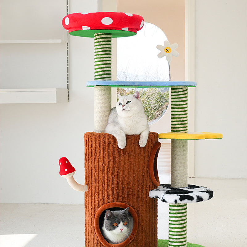 Contemporary Creative Round Mushroom-Shaped PVC Board Faux Panel Sisal Velvet Fabric Fairytale Forest Style Cat Tree 3/4-Tier For Living Room Cuvalon