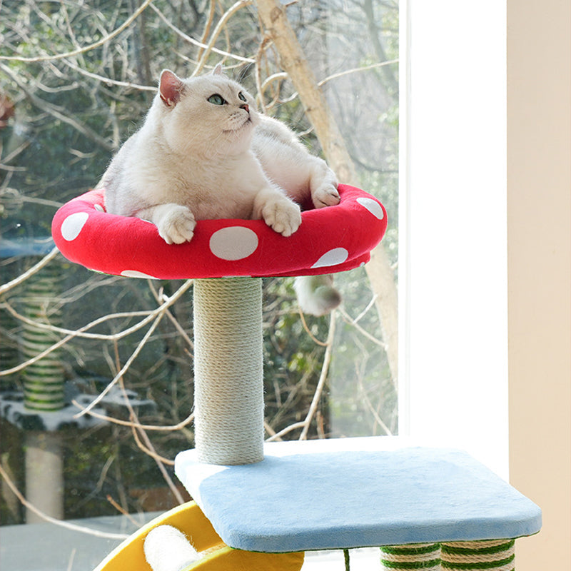 Contemporary Creative Round Mushroom-Shaped PVC Board Faux Panel Sisal Velvet Fabric Fairytale Forest Style Cat Tree 3/4-Tier For Living Room Cuvalon
