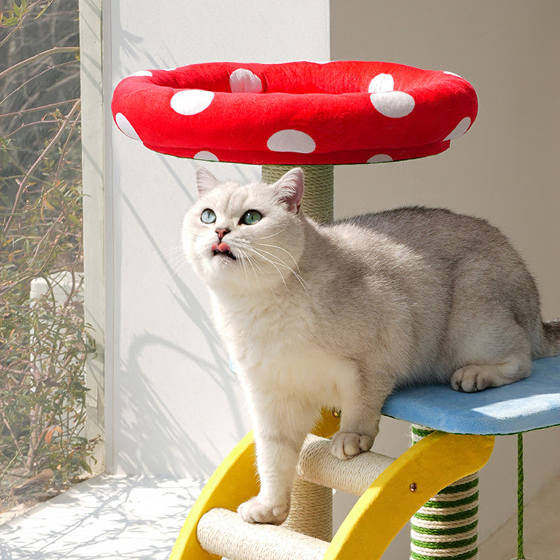 Contemporary Creative Round Mushroom-Shaped PVC Board Faux Panel Sisal Velvet Fabric Fairytale Forest Style Cat Tree 3/4-Tier For Living Room Cuvalon