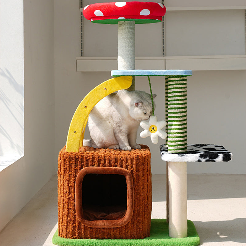 Contemporary Creative Round Mushroom-Shaped PVC Board Faux Panel Sisal Velvet Fabric Fairytale Forest Style Cat Tree 3/4-Tier For Living Room Cuvalon