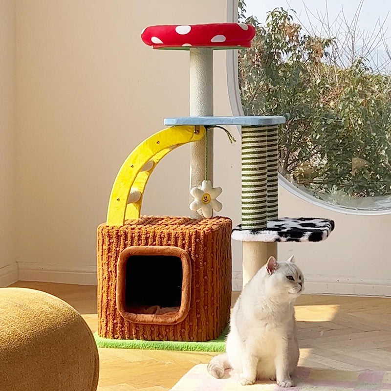Contemporary Creative Round Mushroom-Shaped PVC Board Faux Panel Sisal Velvet Fabric Fairytale Forest Style Cat Tree 3/4-Tier For Living Room Cuvalon