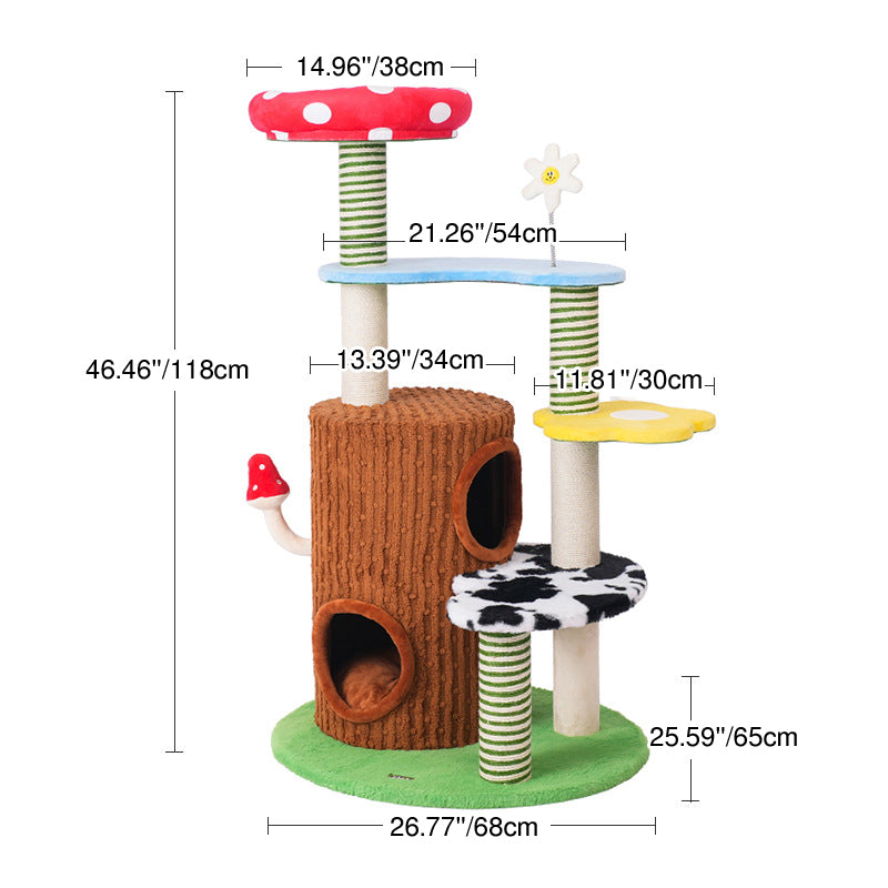 Contemporary Creative Round Mushroom-Shaped PVC Board Faux Panel Sisal Velvet Fabric Fairytale Forest Style Cat Tree 3/4-Tier For Living Room Cuvalon