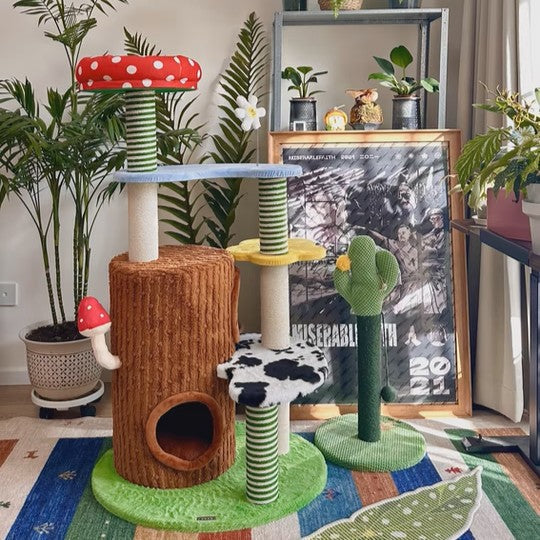 Contemporary Creative Round Mushroom-Shaped PVC Board Faux Panel Sisal Velvet Fabric Fairytale Forest Style Cat Tree 3/4-Tier For Living Room Cuvalon