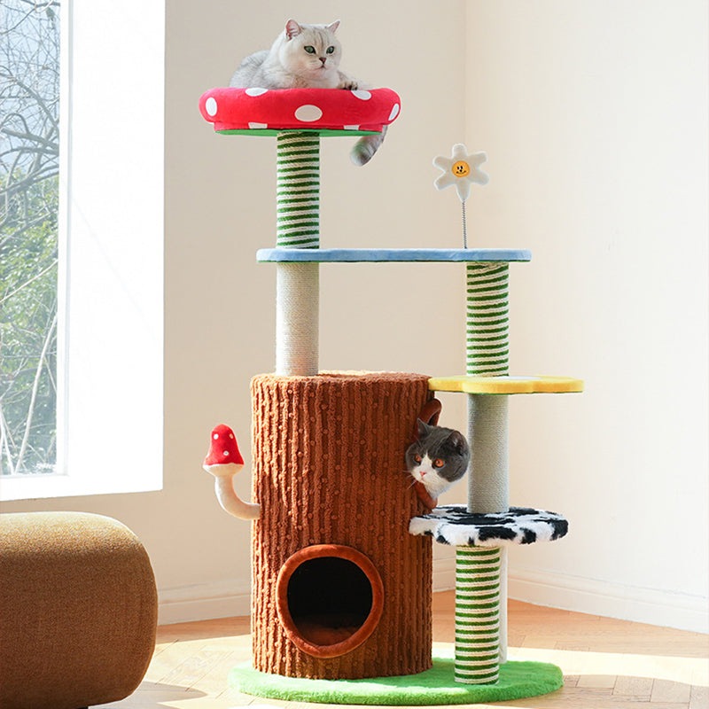 Contemporary Creative Round Mushroom-Shaped PVC Board Faux Panel Sisal Velvet Fabric Fairytale Forest Style Cat Tree 3/4-Tier For Living Room Cuvalon
