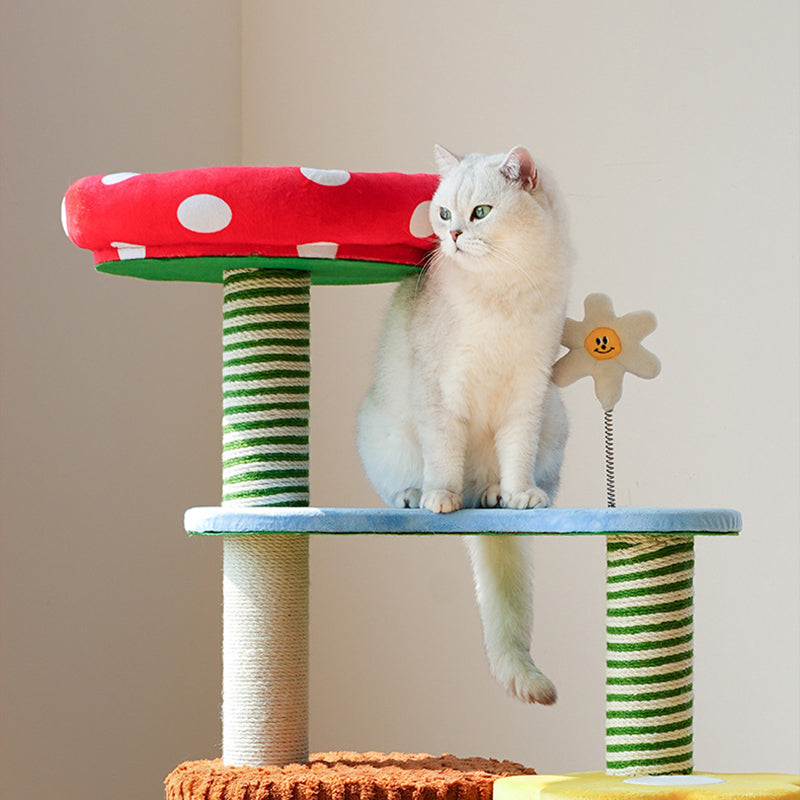 Contemporary Creative Round Mushroom-Shaped PVC Board Faux Panel Sisal Velvet Fabric Fairytale Forest Style Cat Tree 3/4-Tier For Living Room Cuvalon