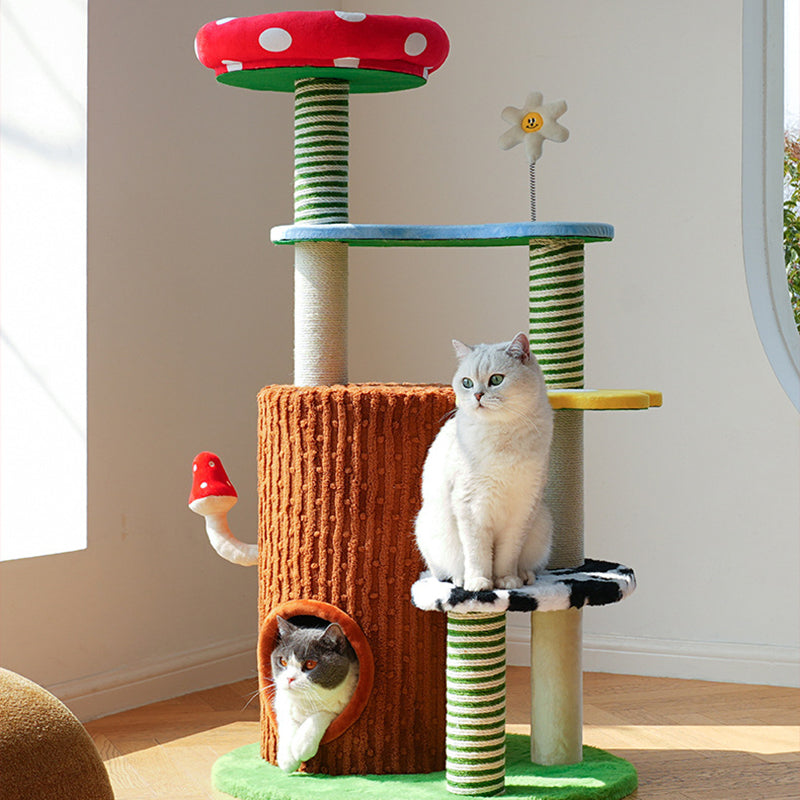 Contemporary Creative Round Mushroom-Shaped PVC Board Faux Panel Sisal Velvet Fabric Fairytale Forest Style Cat Tree 3/4-Tier For Living Room Cuvalon