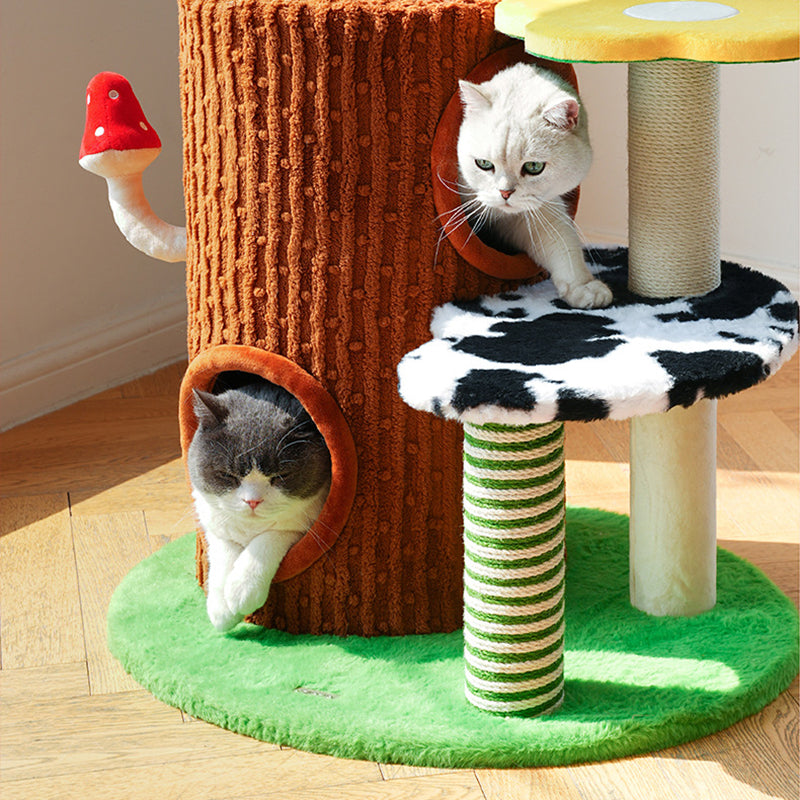 Contemporary Creative Round Mushroom-Shaped PVC Board Faux Panel Sisal Velvet Fabric Fairytale Forest Style Cat Tree 3/4-Tier For Living Room Cuvalon