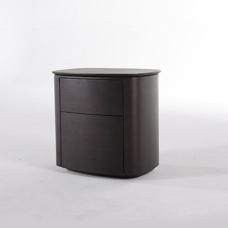 Modern Minimalist Dual-Drawer Nightstand: Smoked Wood Color Veneered Curved Panel Craftsmanship - Sophisticated Wood-Toned Storage Bedside Table For Bedroom Cuvalon