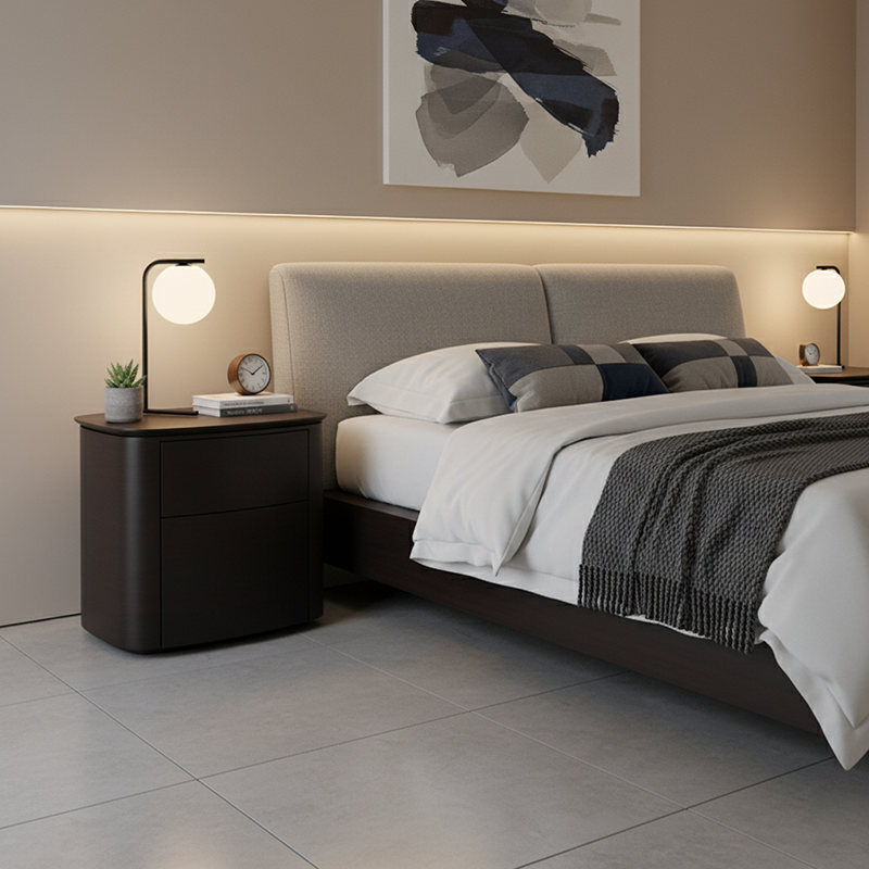 Modern Minimalist Dual-Drawer Nightstand: Smoked Wood Color Veneered Curved Panel Craftsmanship - Sophisticated Wood-Toned Storage Bedside Table For Bedroom Cuvalon
