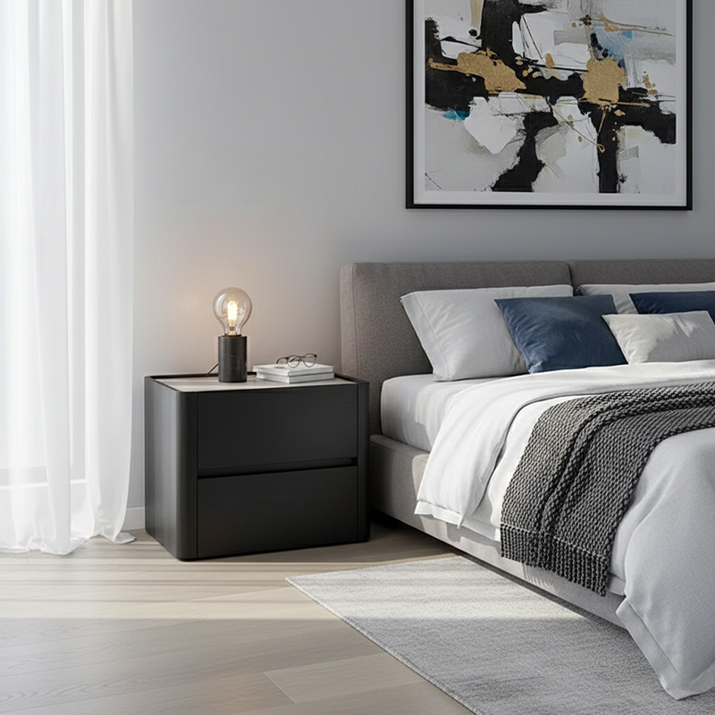 Modern Minimalist Black Dual-Drawer Nightstand: Sleek Rectangular Design - Efficient Storage Bedside Table For Bedroom Cuvalon