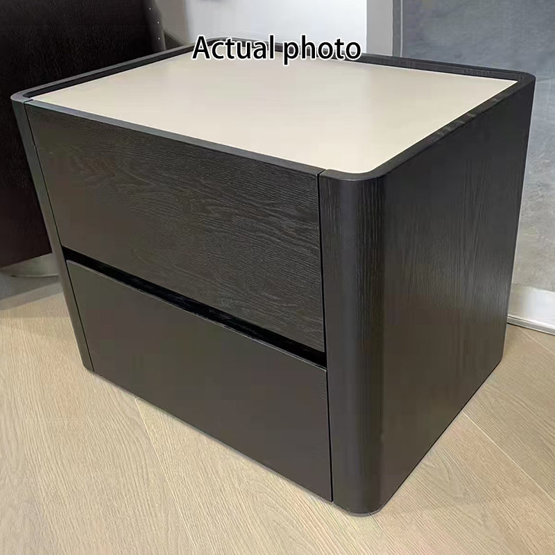 Modern Minimalist Black Dual-Drawer Nightstand: Sleek Rectangular Design - Efficient Storage Bedside Table For Bedroom Cuvalon
