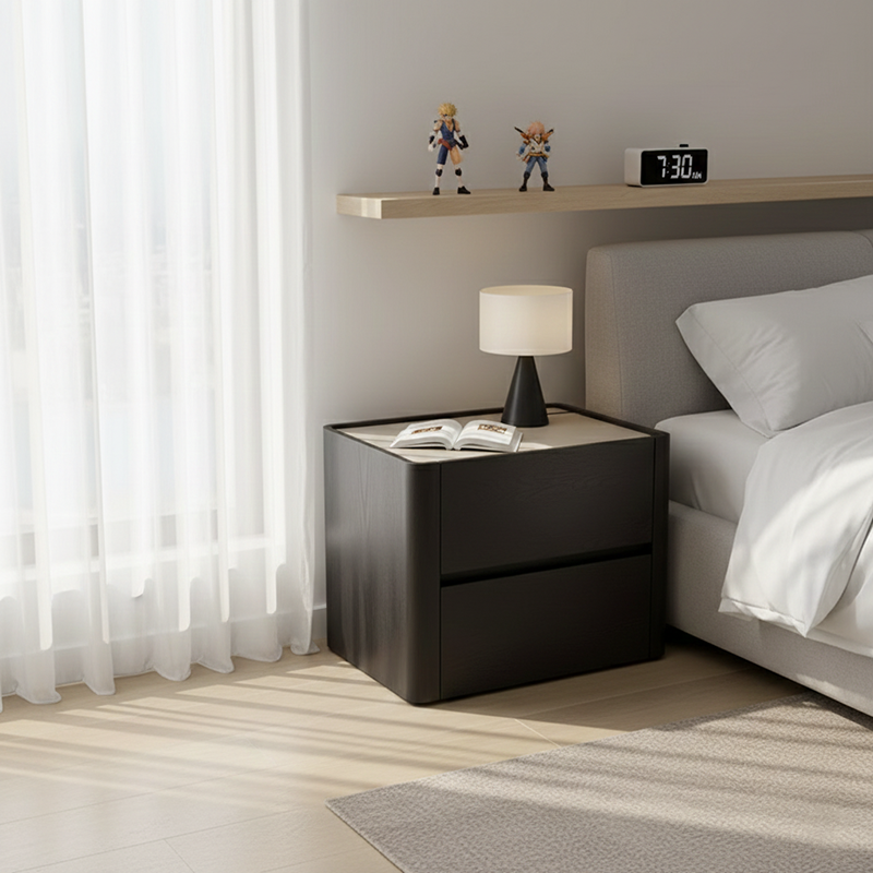 Modern Minimalist Black Dual-Drawer Nightstand: Sleek Rectangular Design - Efficient Storage Bedside Table For Bedroom Cuvalon