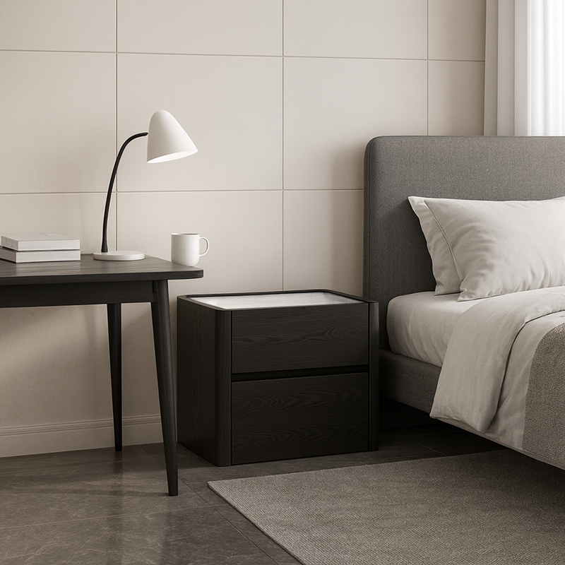 Modern Minimalist Black Dual-Drawer Nightstand: Sleek Rectangular Design - Efficient Storage Bedside Table For Bedroom Cuvalon