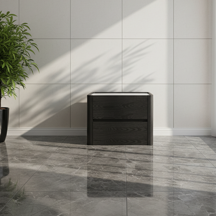 Modern Minimalist Black Dual-Drawer Nightstand: Sleek Rectangular Design - Efficient Storage Bedside Table For Bedroom Cuvalon