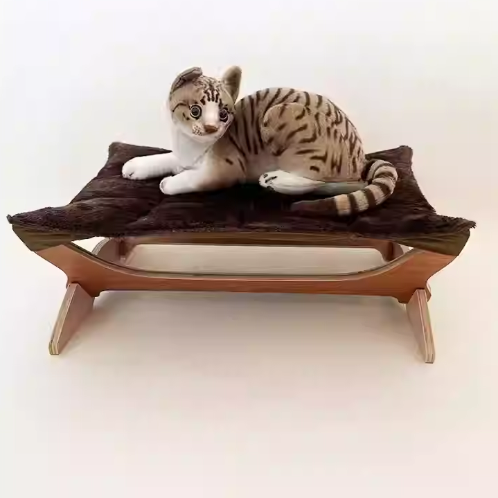 Contemporary Scandinavian Rectangular Multi-Layer Solid Wood Panel Cotton Fabric Cat Bed For Bedroom & Living Room Cuvalon