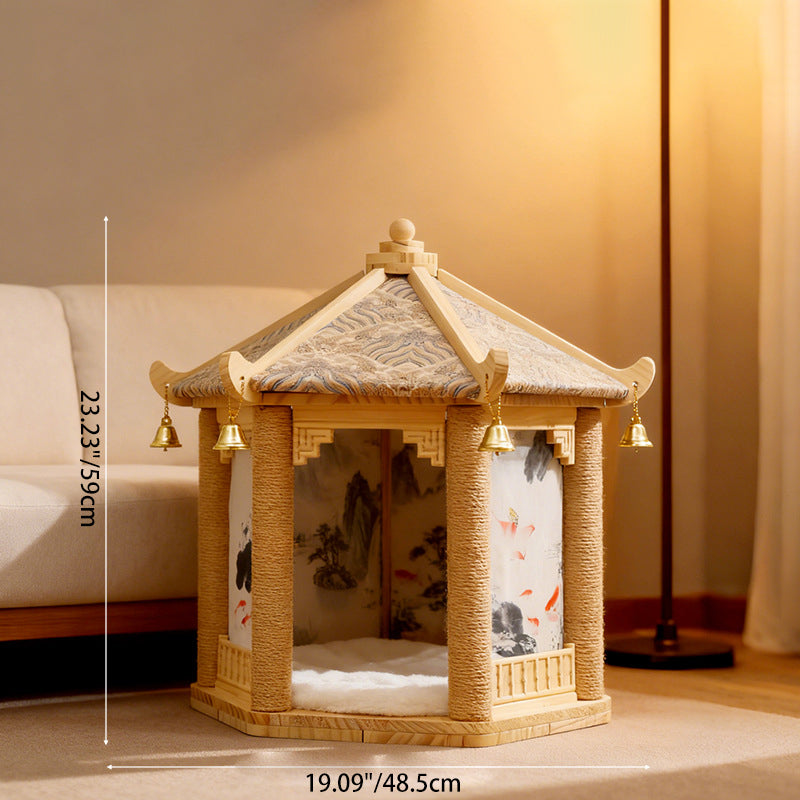 Traditional Chinese Hexagonal Solid Pine Wood Fabric Sisal Pavilion Design Cat Tree For Bedroom & Living Room Cuvalon