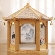 Traditional Chinese Hexagonal Solid Pine Wood Fabric Sisal Pavilion Design Cat Tree For Bedroom & Living Room Cuvalon
