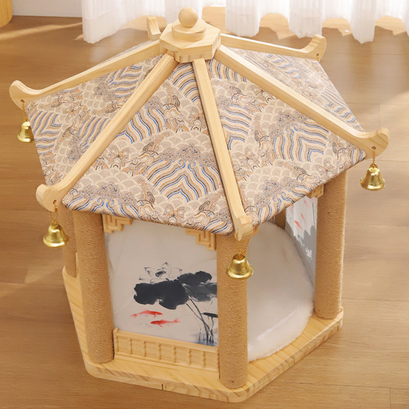 Traditional Chinese Hexagonal Solid Pine Wood Fabric Sisal Pavilion Design Cat Tree For Bedroom & Living Room Cuvalon
