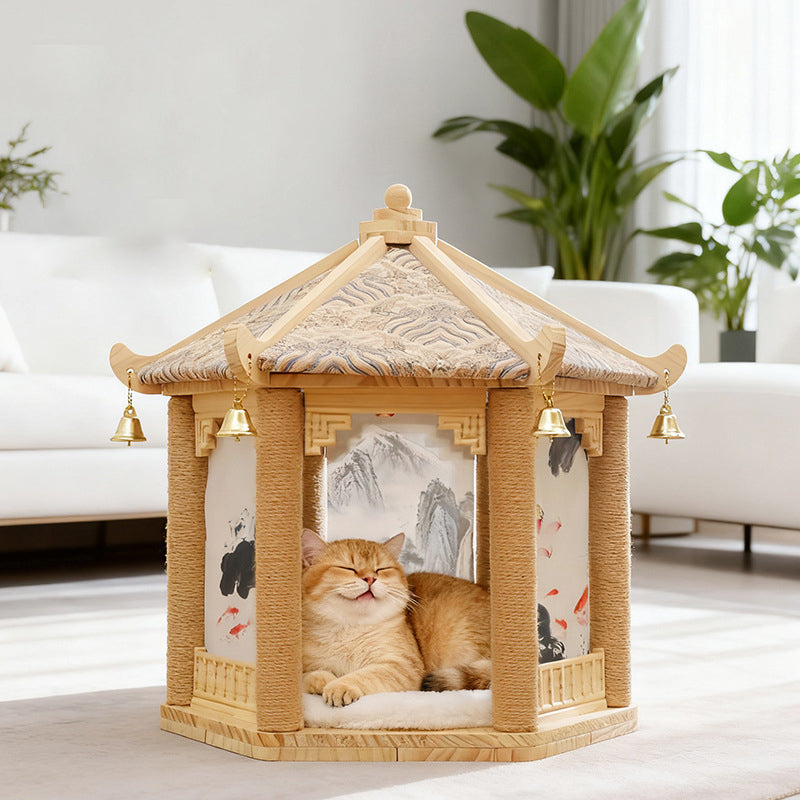 Traditional Chinese Hexagonal Solid Pine Wood Fabric Sisal Pavilion Design Cat Tree For Bedroom & Living Room Cuvalon