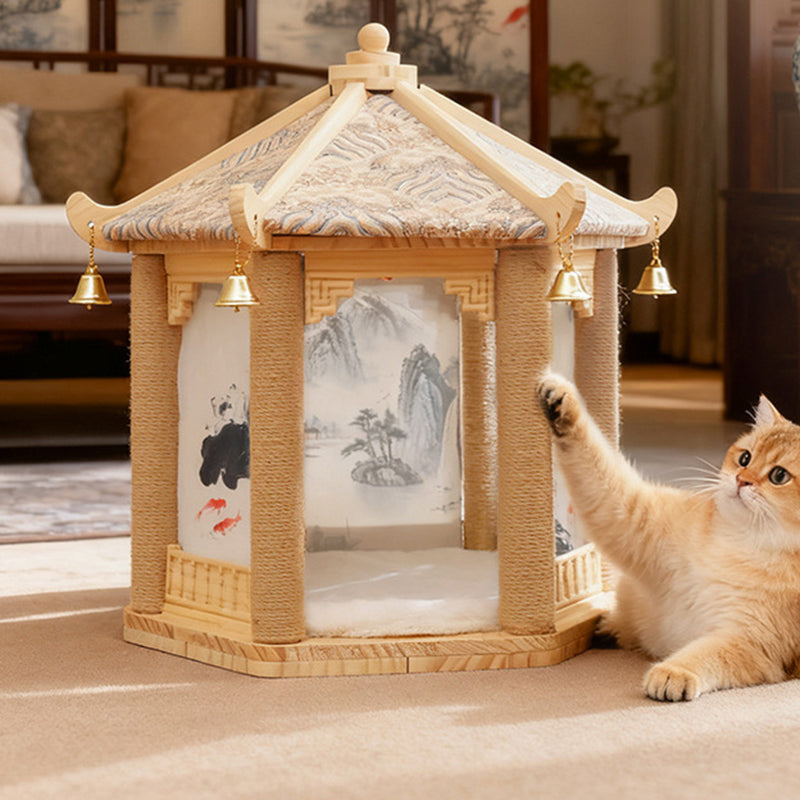 Traditional Chinese Hexagonal Solid Pine Wood Fabric Sisal Pavilion Design Cat Tree For Bedroom & Living Room Cuvalon