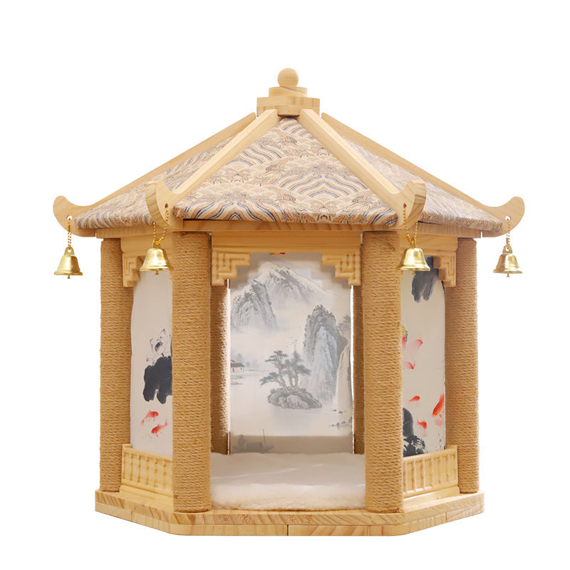 Traditional Chinese Hexagonal Solid Pine Wood Fabric Sisal Pavilion Design Cat Tree For Bedroom & Living Room Cuvalon