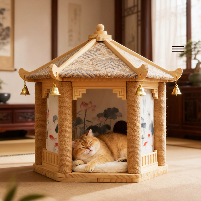 Traditional Chinese Hexagonal Solid Pine Wood Fabric Sisal Pavilion Design Cat Tree For Bedroom & Living Room Cuvalon