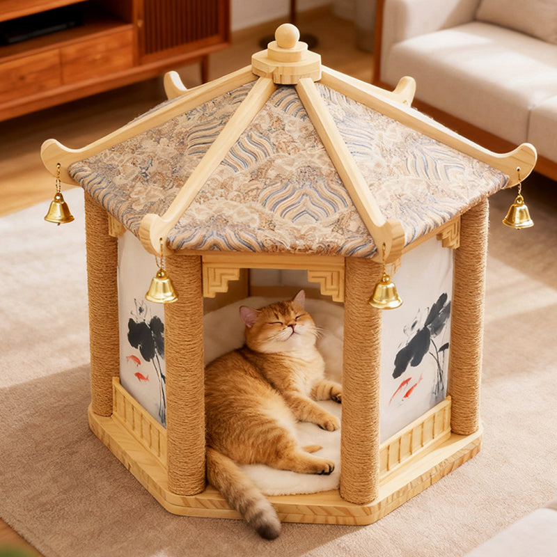 Traditional Chinese Hexagonal Solid Pine Wood Fabric Sisal Pavilion Design Cat Tree For Bedroom & Living Room Cuvalon