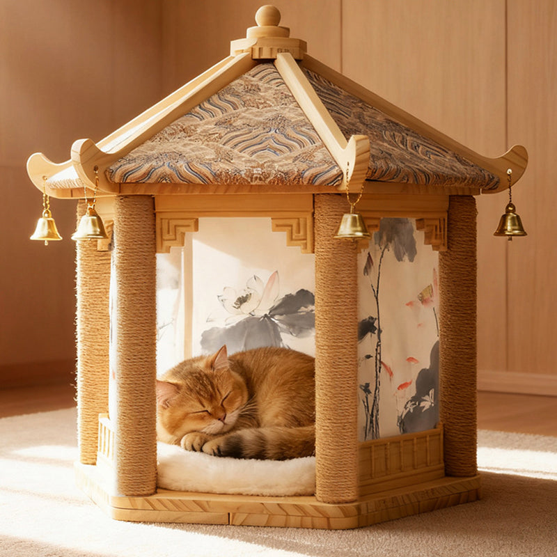 Traditional Chinese Hexagonal Solid Pine Wood Fabric Sisal Pavilion Design Cat Tree For Bedroom & Living Room Cuvalon