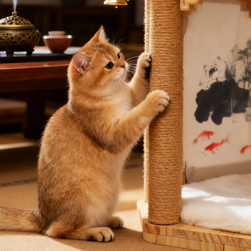 Traditional Chinese Hexagonal Solid Pine Wood Fabric Sisal Pavilion Design Cat Tree For Bedroom & Living Room Cuvalon